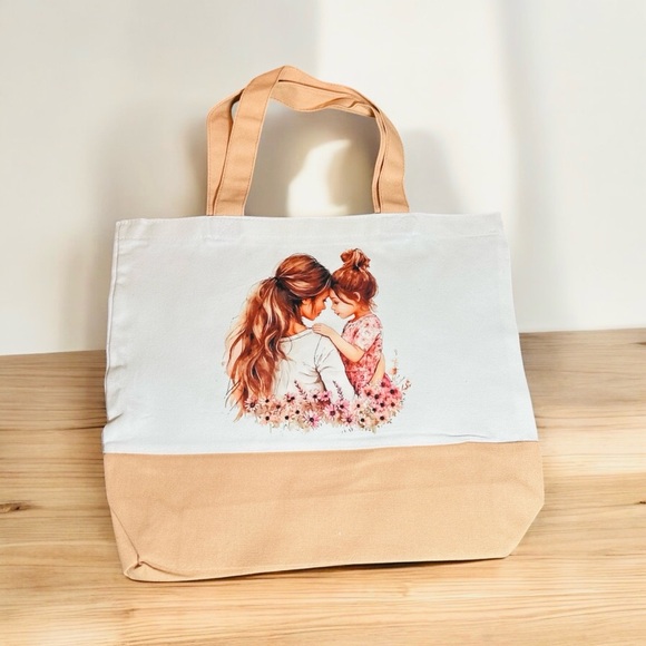 Large Canvas Tote Bag with Mother & Daughter Art | Hand Pressed | 17”x14” - Picture 4 of 4